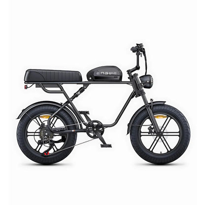 The product in the picture is an electric bike, brand Engwe, model M1. The picture shows a bike with wide tires, a minimalist frame, and a comfortable seat. The bike also has a visible battery on the frame and classic pedals and brakes. The overall design is modern and compact, making it suitable for city riding.