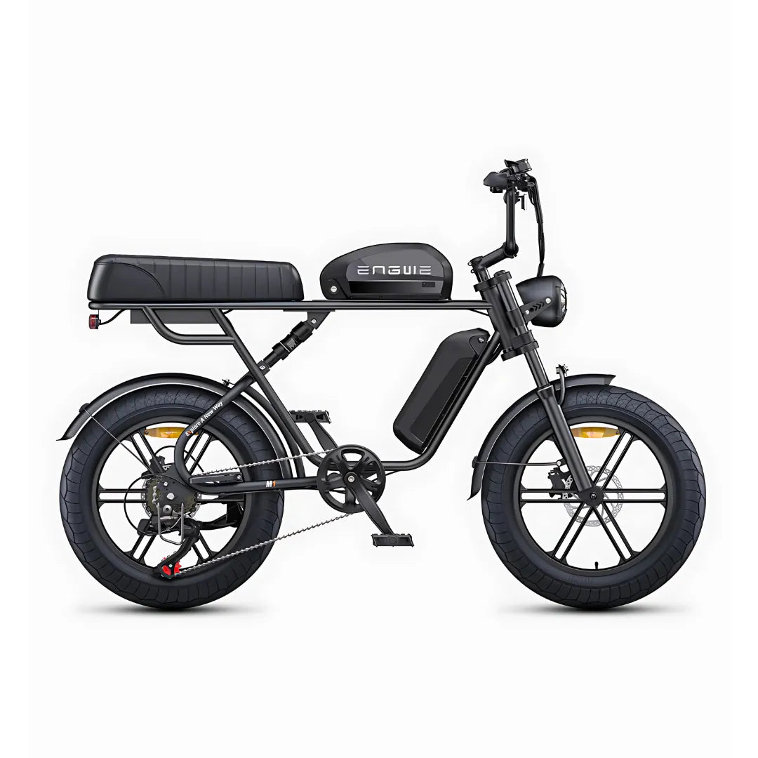 The product pictured is an electric bike, brand Engwe, model M1. The image shows a black frame construction with wide tires, an electric motor, and a battery mounted on the frame. The bike also has a comfortable seat and classic pedals, allowing for both electric and traditional riding.