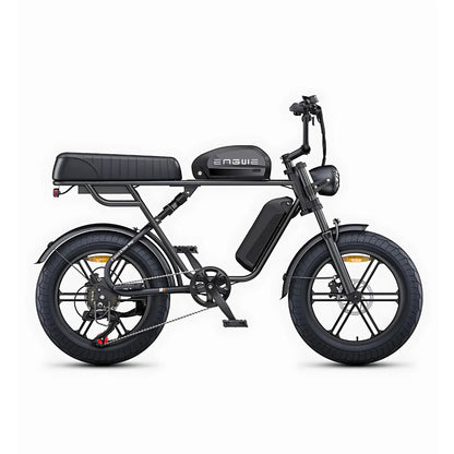 The product pictured is an electric bike, brand Engwe, model M1. The image shows a black frame construction with wide tires, an electric motor, and a battery mounted on the frame. The bike also has a comfortable seat and classic pedals, allowing for both electric and traditional riding.