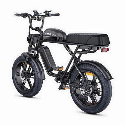 The product in the image is an electric bike, model Engwe M1. The bike features a robust design with fat tires, ensuring good stability and riding comfort. A digital display on the handlebars shows speed and battery information. The bike is equipped with a comfortable seat and also has tail lights, which increases safety while riding.
