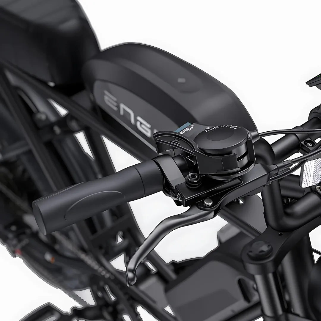 The product in the image is an Engwe M1 electric bike. The handlebars, brake lever, and part of the control system are visible in the image. The color scheme is predominantly black, giving the bike a modern and elegant look.