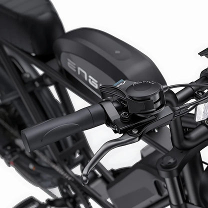 The product in the image is an Engwe M1 electric bike. The handlebars, brake lever, and part of the control system are visible in the image. The color scheme is predominantly black, giving the bike a modern and elegant look.