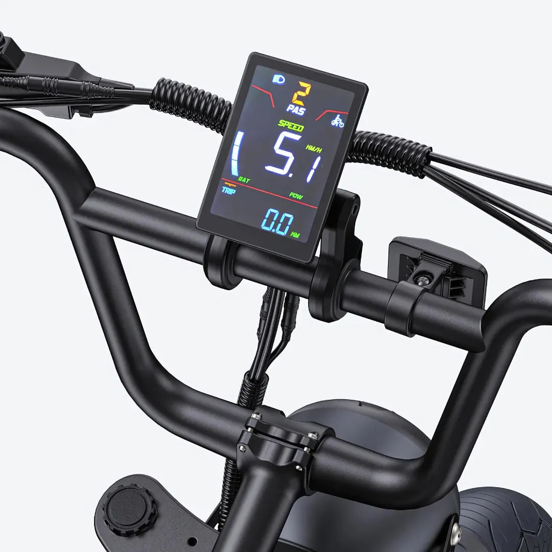The product pictured is an electric bike, brand Engwe, model M1. The image shows the bike's handlebars with a digital display that indicates speed, battery status, and other data. The display is visible in the center of the handlebars, and surrounding it are the bike's tubes and other parts.
