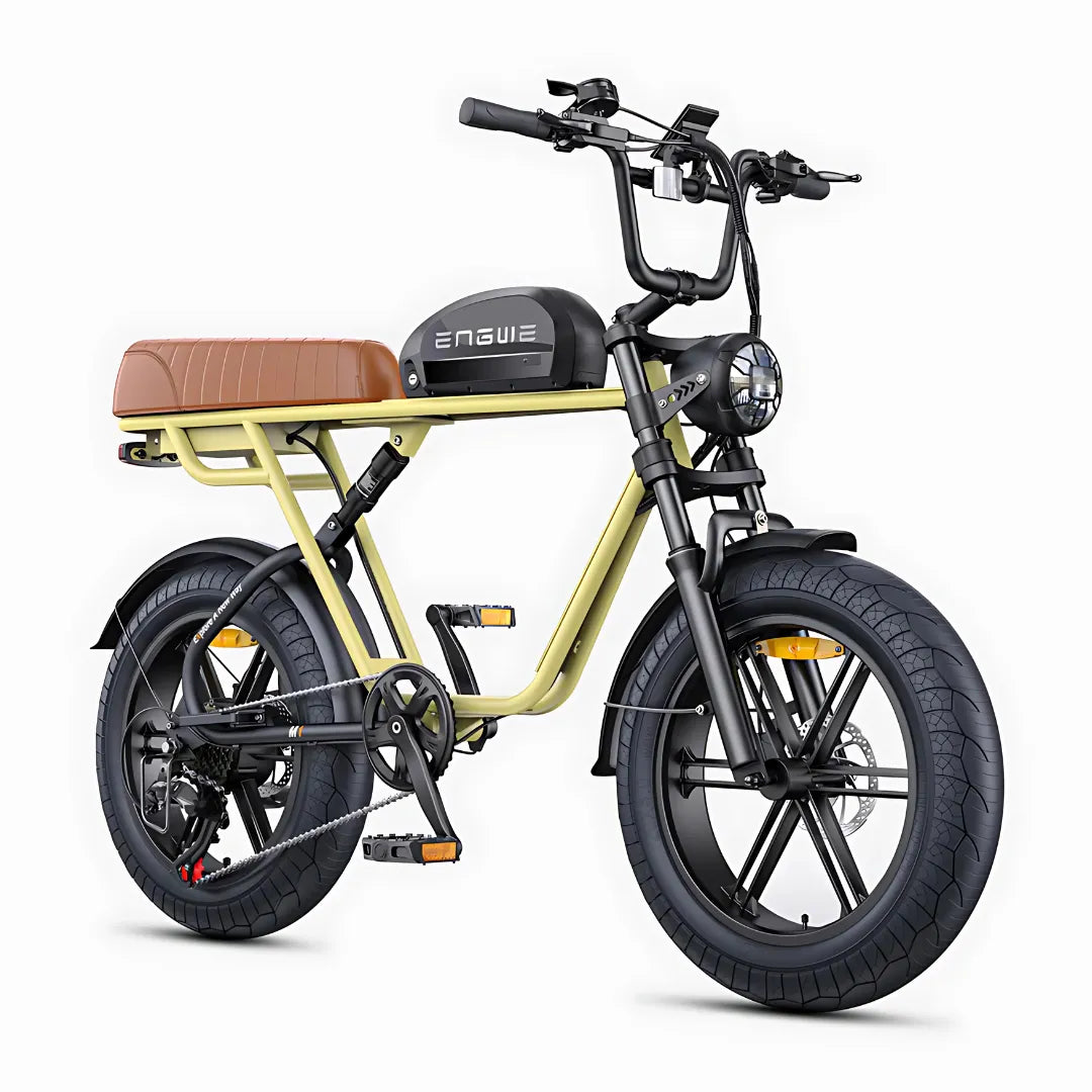 The product pictured is an electric bike, brand Engwe, model M1. The bike features a robust design with thick tires, ensuring good stability and a comfortable ride. A comfortable brown seat is installed at the rear, while a headlight and control levers are visible at the front. The bike is designed for urban riding, offering practicality and style.