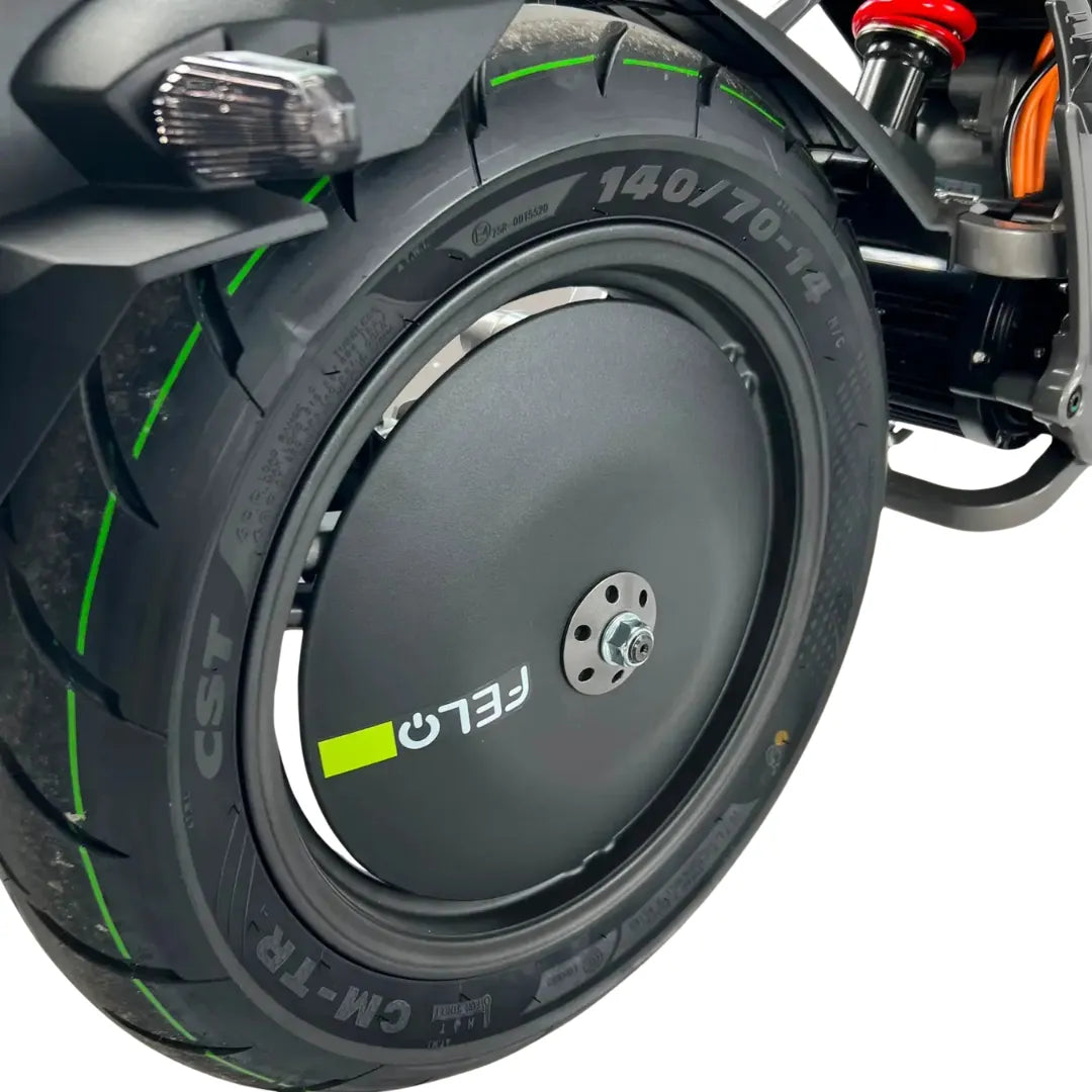 Close-up of the rear wheel of the Felo Fw 06 Electric motorcycle, showing the tire and rim.