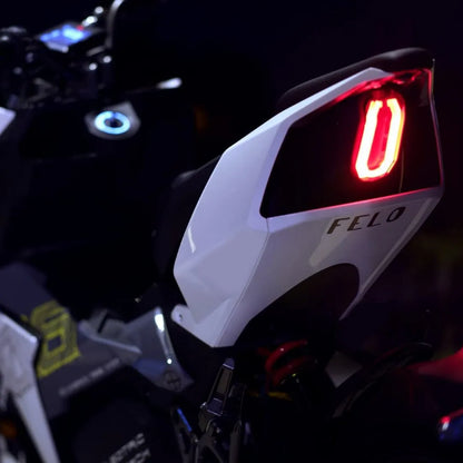 Close-up of the rear part of the Electric Motorcycle Felo Fw 06, showcasing its sleek design and lights.