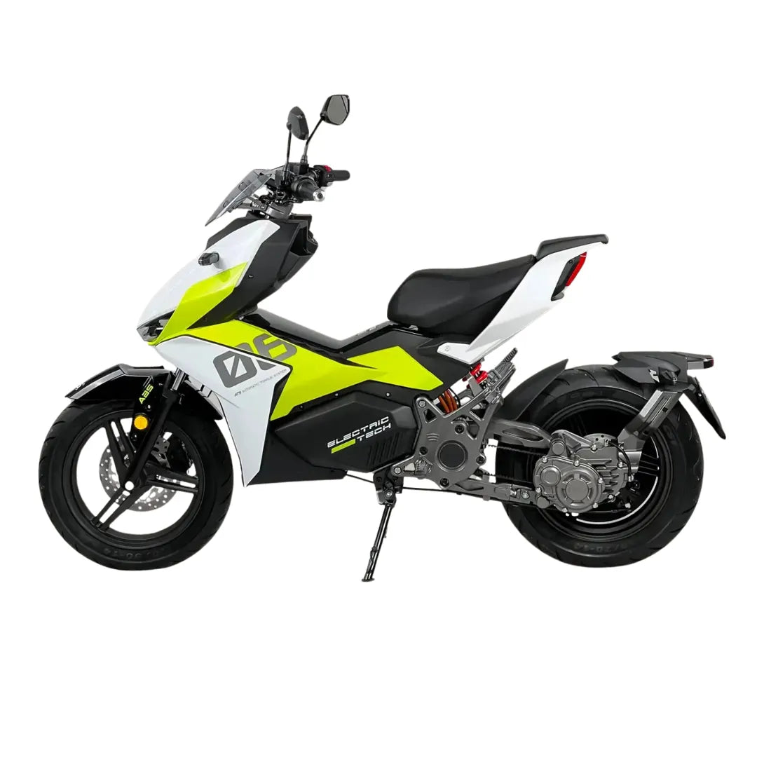 Electric motorcycle Felo Fw 06 in white and neon yellow, showcasing a modern design.