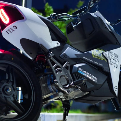 Parked Electric Motorcycle Felo Fw 06, showcasing its sleek design and modern features.