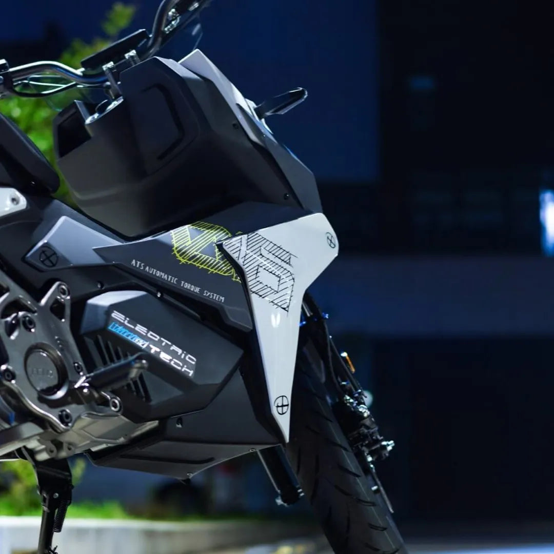 A close-up shot of the Electric motorcycle Felo Fw 06, showcasing its sleek design and modern features.