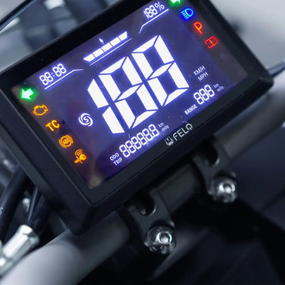 Close-up shot of the digital display on the Felo Fw 06 electric scooter, showing speed and range.