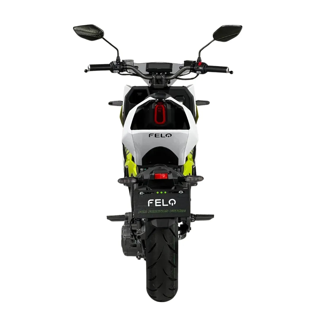 Rear view of the Electric Motorcycle Felo Fw 06, showcasing its elegant design and features.