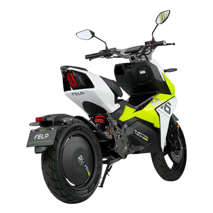 Electric Motorcycle Felo Fw 06 in white and lime green, showcasing a sleek design from the rear.
