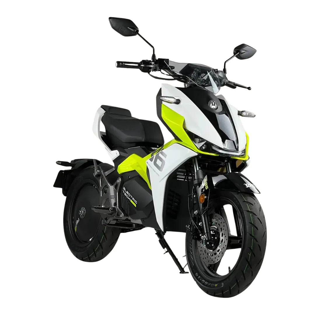 Electric motorcycle Felo Fw 06 in white and yellow, showcasing a sleek, modern design.
