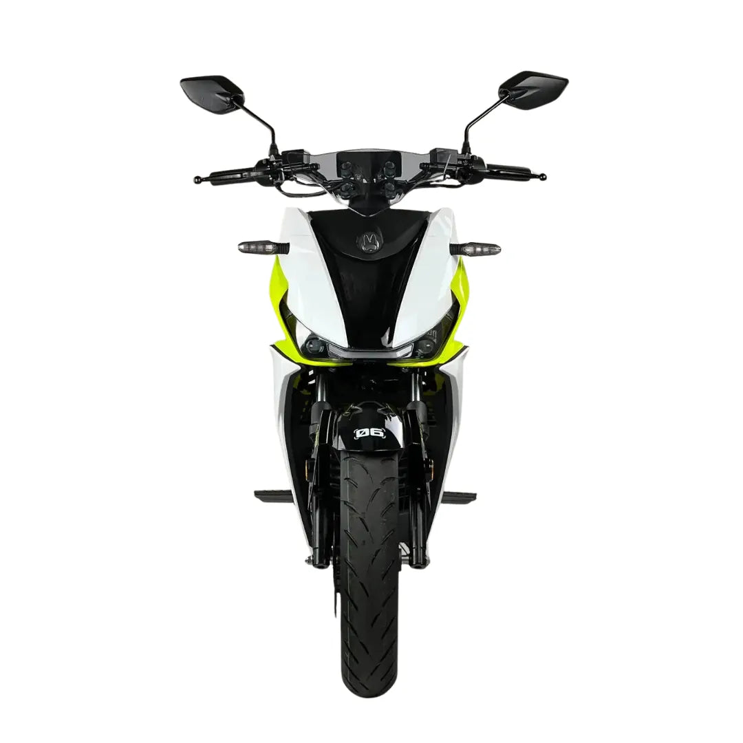 Front view of the Electric Motorcycle Felo Fw 06, showcasing its sleek design and bold colors.