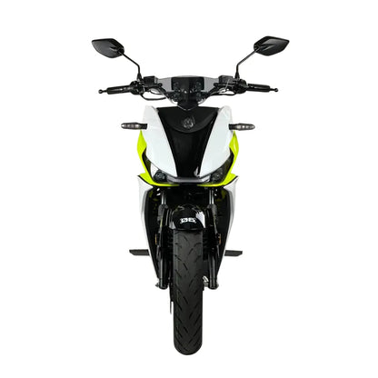 Front view of the Electric Motorcycle Felo Fw 06, showcasing its sleek design and bold colors.
