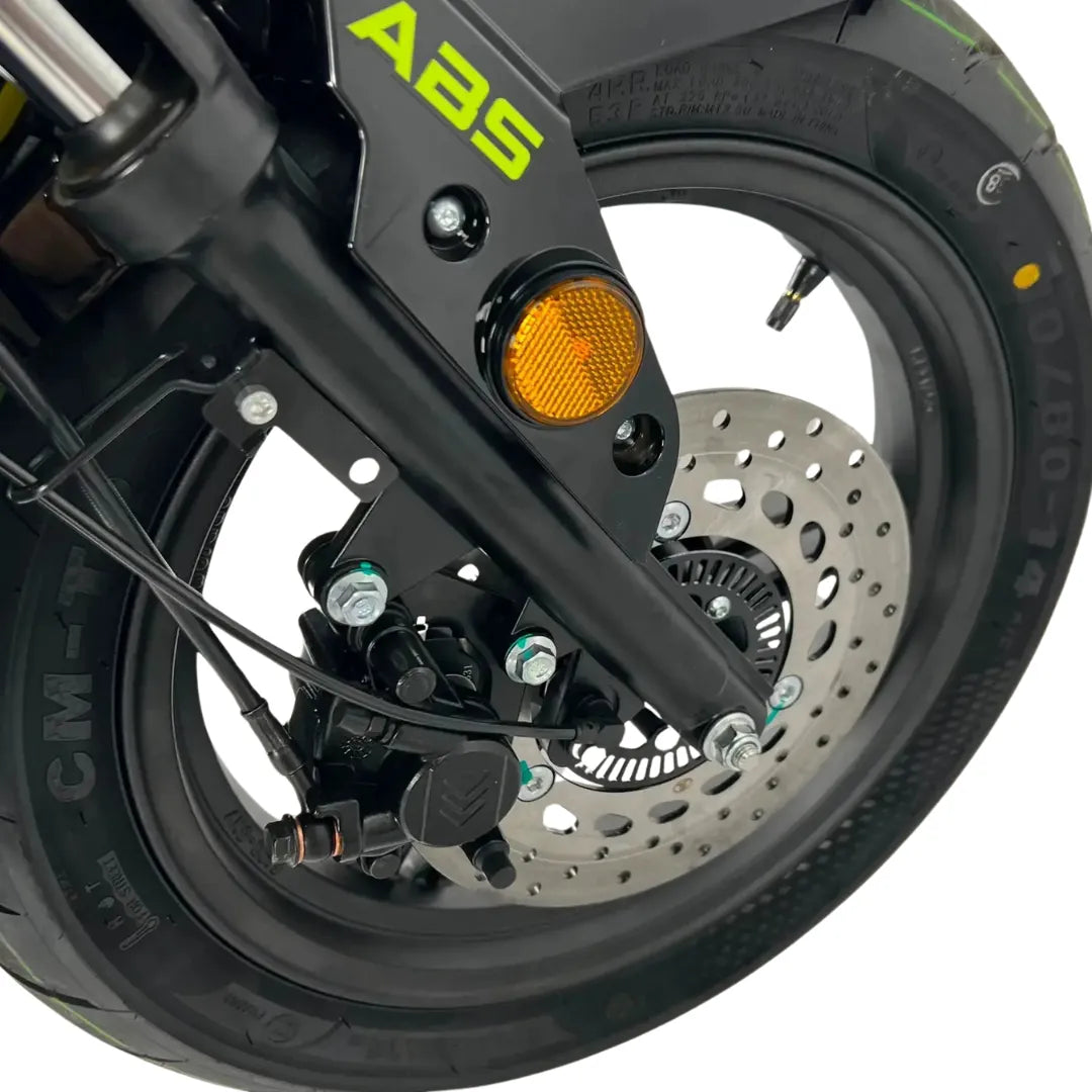 Close-up of the front wheel and braking system of the Electric Motorcycle Felo Fw 06.