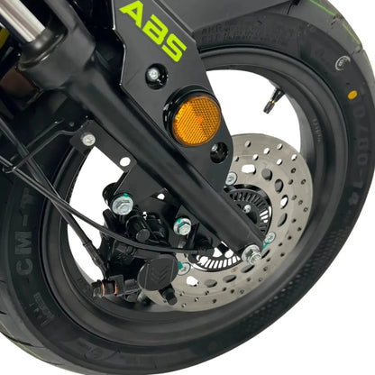 Close-up of the front wheel and braking system of the Electric Motorcycle Felo Fw 06.
