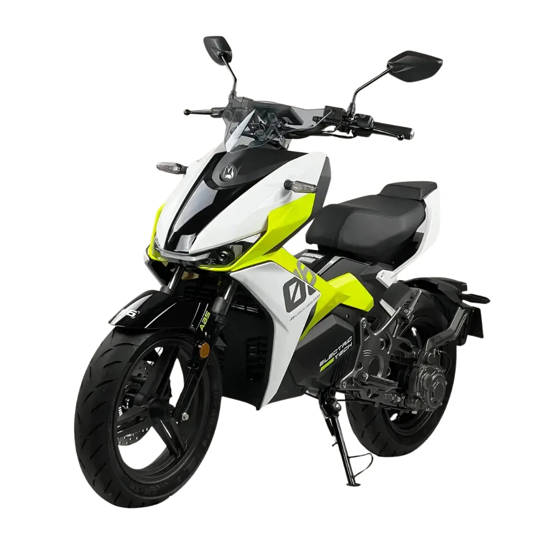 Electric Motorcycle Felo Fw 06 in white and neon yellow, showcasing elegant design and modern features