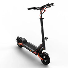 The product is a Joyor T6 electric scooter. The picture shows the scooter with a black frame and orange details. It has a wide standing platform, robust tires, and controls on the handlebars. Overall, it has a modern and sporty look, which indicates its suitability for city riding.
