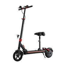 The product pictured is an electric scooter, model Joyor G5. The image shows the scooter's construction in black with red details. It features simple handlebars, a seat, and a wide deck. The lower part of the scooter includes the wheels and the rear section with the braking mechanism.