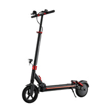 The image shows an Electric Scooter from the brand Joyor, model G5. The product is designed in black with red accents. Wide wheels, handlebars with grips, and a deck for standing are visible. The front of the scooter also features lights, indicating its suitability for riding in low-light conditions.