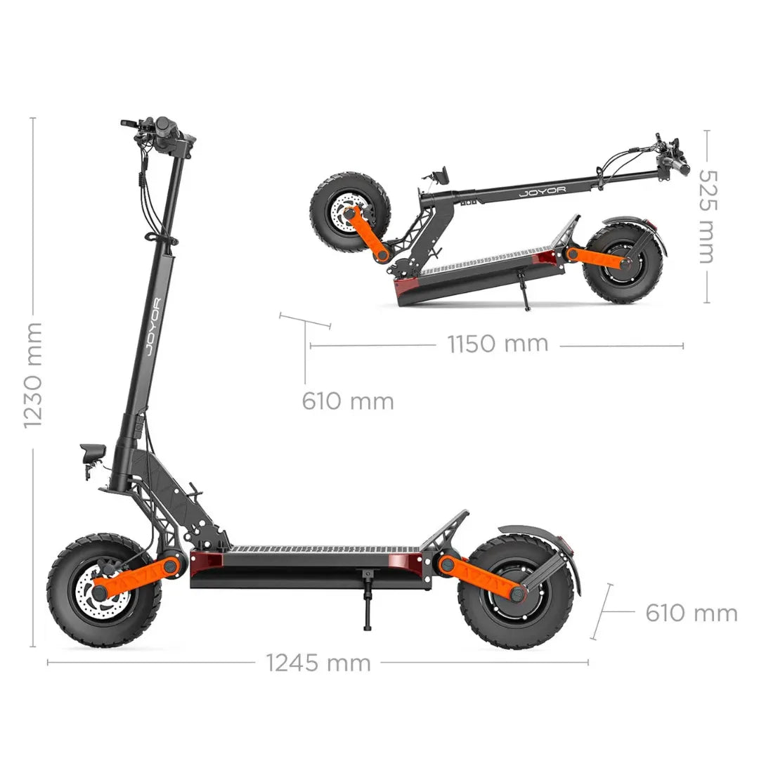 The product is an Electric Scooter, brand Joyor, model S10-S. The image shows two different positions of the scooter: one upright and one folded. The scooter's dimensions, including height, length, and width, are visible, along with robust wheels, indicating its suitability for various terrains.