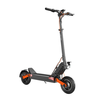 The product pictured is an electric scooter, brand Joyor, model S10. The image shows a scooter with a black frame and orange details. It features a wide deck/footboard, ergonomic handlebars, and large tires for a comfortable ride. A front light is also visible, enhancing safety when riding in poor lighting conditions.
