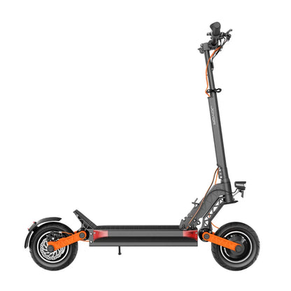 The product is an Electric Scooter, brand Joyor, model S10-S-Z. The image shows the scooter from a side perspective, featuring a robust construction, a wide footboard, and large wheels. The color combination includes black and orange, giving the scooter a dynamic look. The handlebars and some mechanisms are also visible, indicating functionality and comfort during the ride.