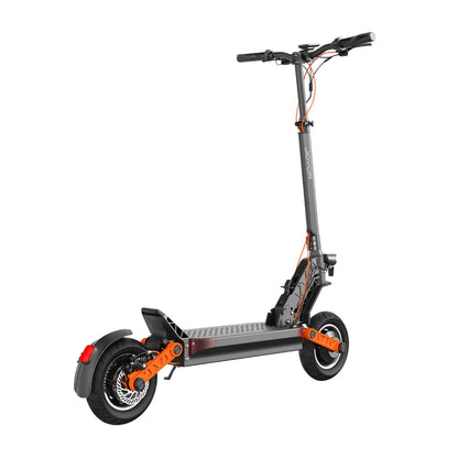 The product in the image is an Electric Scooter, model Joyor S10 S Z. The image shows the scooter's construction, which includes a wide footboard, two wheels, and handlebars with grips. The color combination is black and orange, giving the scooter a modern and sporty look. A light is also visible on the rear of the scooter, enhancing safety during rides.