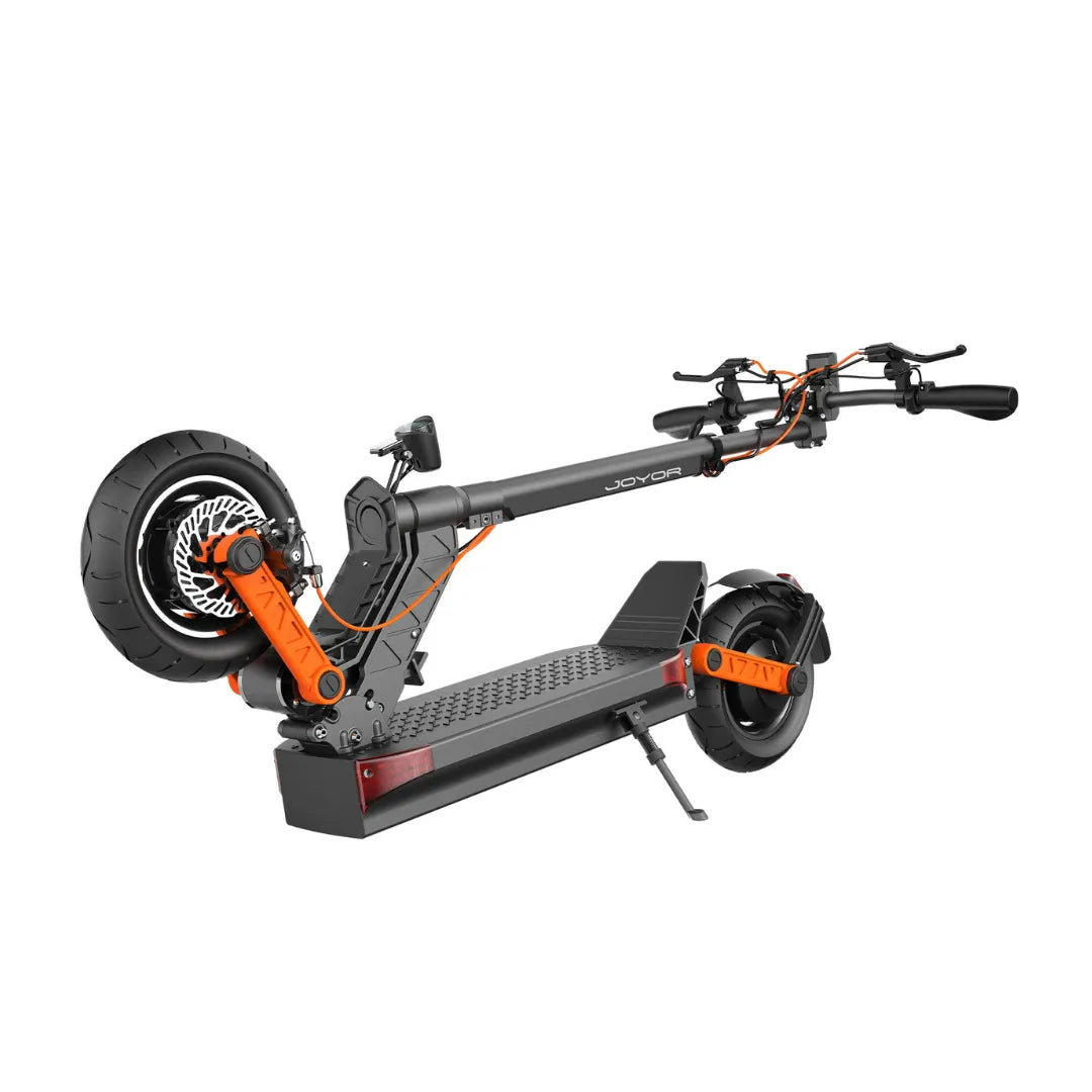 The product is an Electric Scooter, brand Joyor, model S10. The image shows a folded electric scooter with wide tires and a robust frame. Red and black colors are dominant, giving the scooter a dynamic look. The handlebars are equipped with brakes, and a platform for standing rides is visible in the middle.