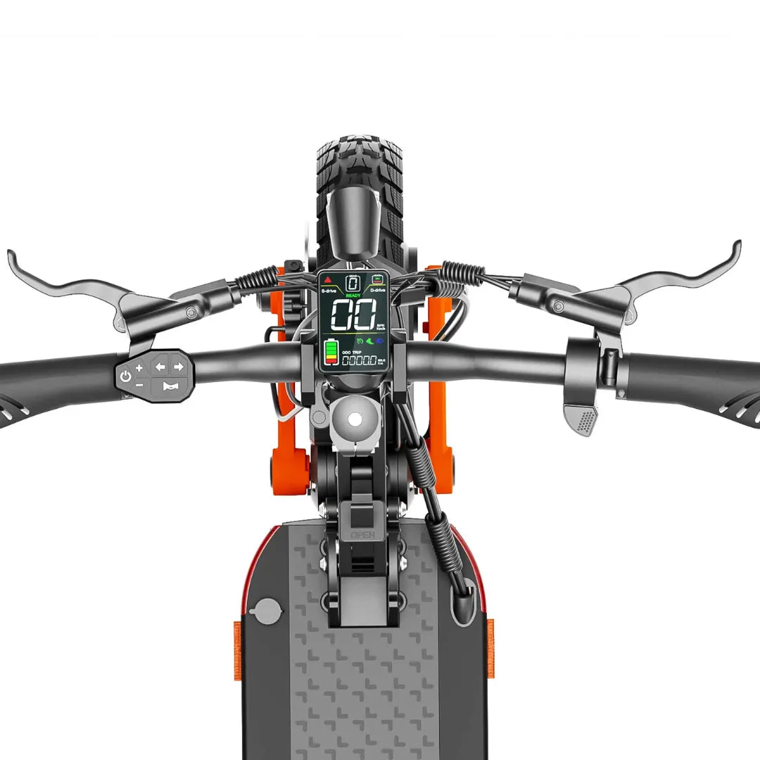 The product is an Electric Scooter, model Joyor S10 S. The image shows the control panel of the scooter, displaying the handlebars, digital screen, and various control buttons. The screen shows information about speed and battery level. The scooter has robust handles and wide tires, indicating good performance and stability during the ride.
