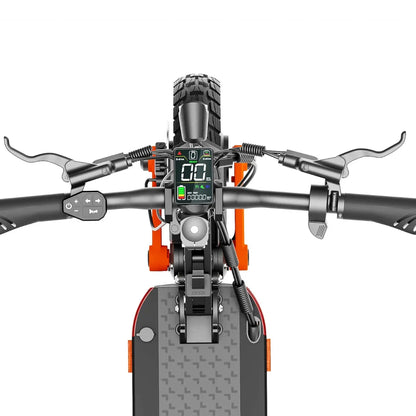 The product is an Electric Scooter, model Joyor S10 S. The image shows the control panel of the scooter, displaying the handlebars, digital screen, and various control buttons. The screen shows information about speed and battery level. The scooter has robust handles and wide tires, indicating good performance and stability during the ride.