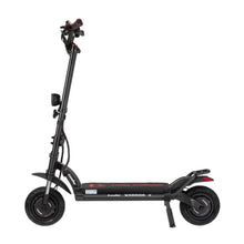 The product is an Electric Scooter, Kaabo brand, Warrior X Plus model. The image shows a black scooter with red accents, featuring a wide deck, robust tires, and ergonomic grips. Control elements are visible on the handlebars, indicating options for speed adjustment and braking.