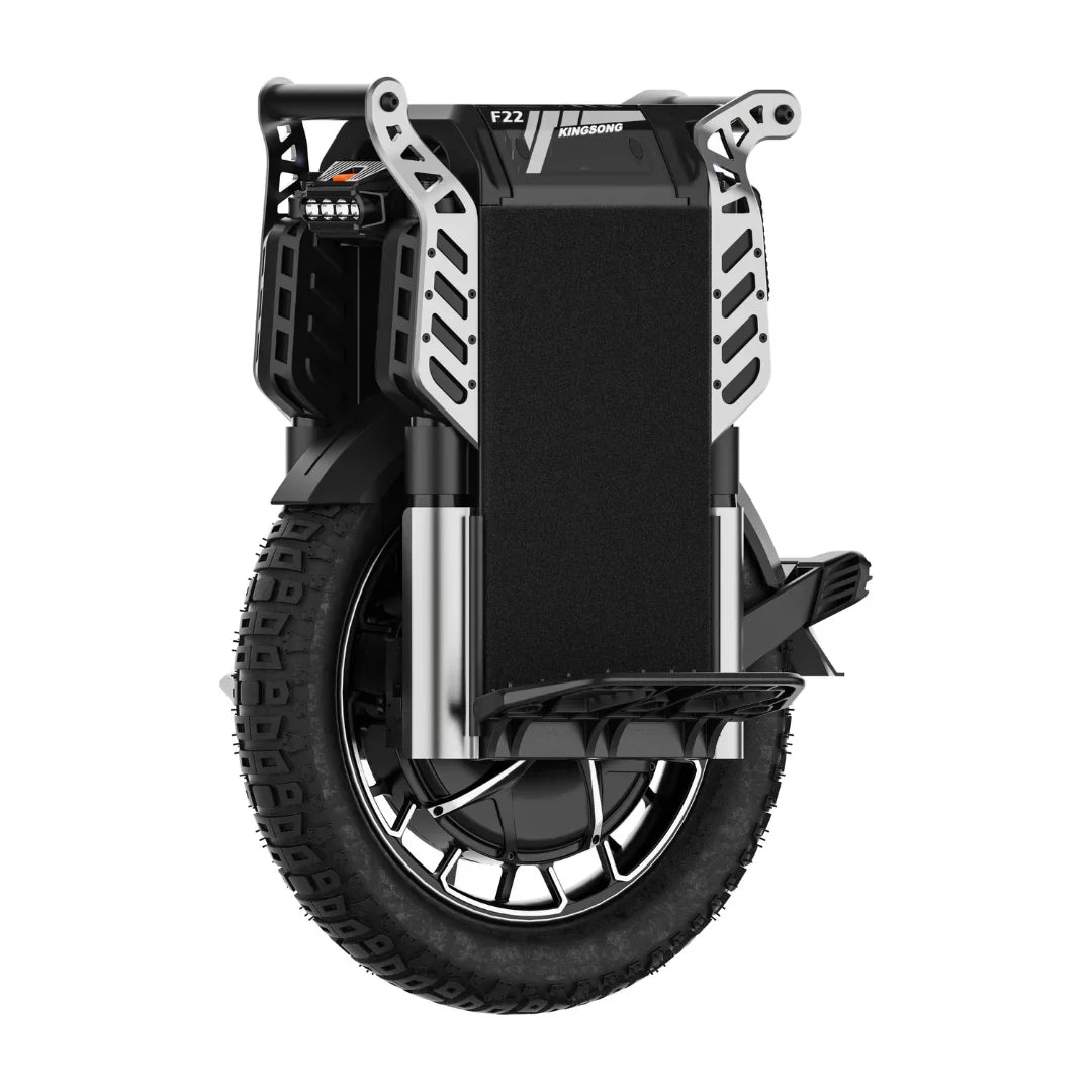 The product in the image is an electric unicycle, model KingSong F22 Pro. The image shows the front part of the unicycle, which includes a wide tire and robust construction. Protective elements and foot platforms are also visible, indicating stability and comfort during the ride.