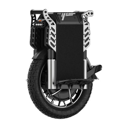 The product in the image is an electric unicycle, model KingSong F22 Pro. The image shows the front part of the unicycle, which includes a wide tire and robust construction. Protective elements and foot platforms are also visible, indicating stability and comfort during the ride.