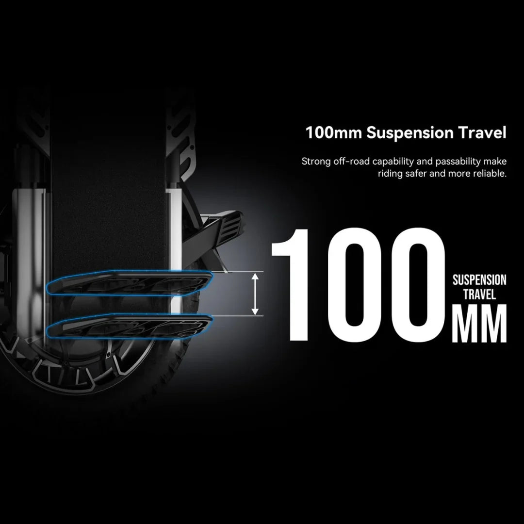 The product is an Electric Unicycle, brand KingSong, model F22 Pro. The image shows a detail of the suspension system, which allows 100 mm of travel, improving off-road performance and ensuring a safer and more reliable ride. The wheel design and part of the suspension are also visible.