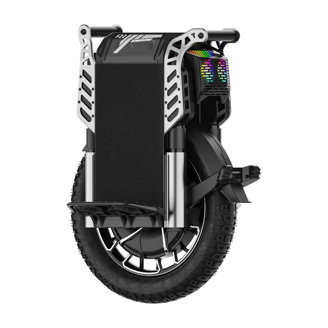 The product in the image is an electric unicycle, model KingSong F22 Pro. A robust construction with a large wheel equipped with all-terrain tires is visible. The front features a display showing ride information, along with lighting elements that add to its aesthetic appeal. The unicycle is designed for comfortable and dynamic riding.