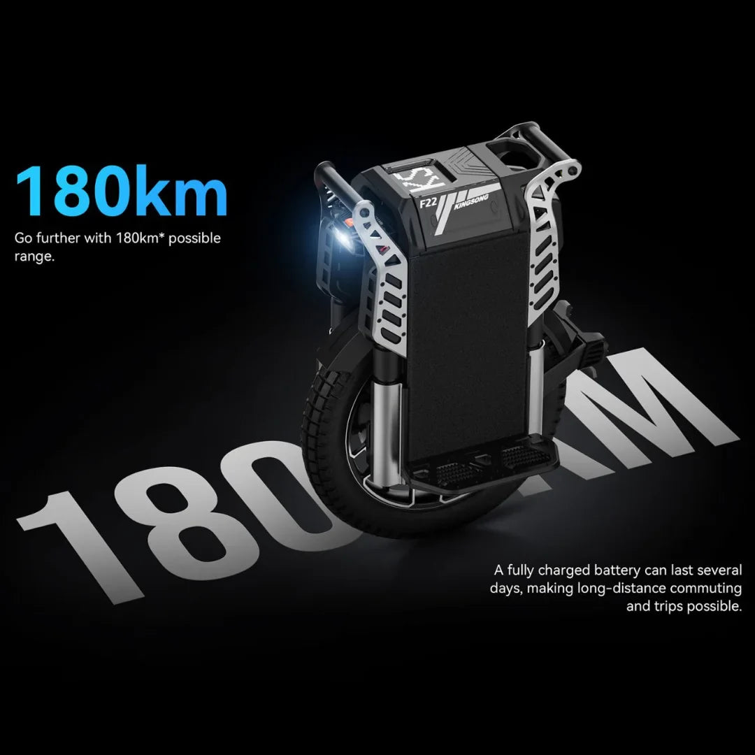 The product shown in the picture is an Electric unicycle (EUC), model Kingsong F22 Pro. The image displays the unicycle's design, which includes a robust body, a wide wheel, and a front light. The stated range of up to 180 km is also mentioned, allowing for long rides and daily use.