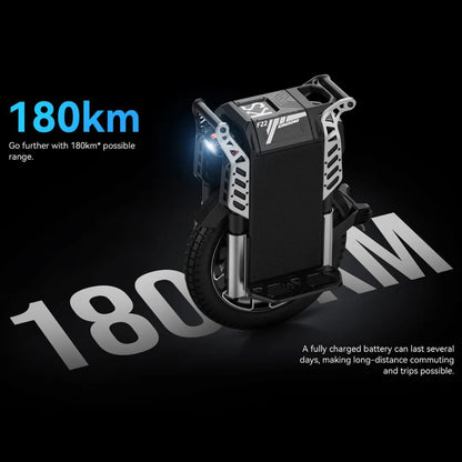 The product shown in the picture is an Electric unicycle (EUC), model Kingsong F22 Pro. The image displays the unicycle's design, which includes a robust body, a wide wheel, and a front light. The stated range of up to 180 km is also mentioned, allowing for long rides and daily use.