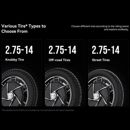 The image shows the Electric Unicycle KingSong F22 Pro. Various tire types are visible that can be selected for this model: "knobby" tires, off-road tires, and city tires, all with a dimension of 2.75-14. Each tire is designed for specific riding conditions.