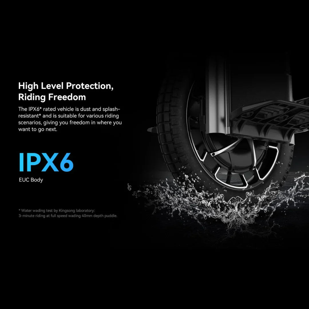 The product shown is an electric unicycle, model Kingsong F22 Pro. The image displays part of the unicycle, including the rear wheel, located in water, highlighting its water and dust resistance (IPX6). The product is designed for various riding scenarios, allowing users the freedom to choose their path.