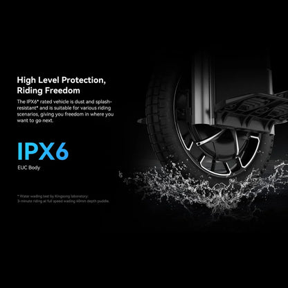 The product shown is an electric unicycle, model Kingsong F22 Pro. The image displays part of the unicycle, including the rear wheel, located in water, highlighting its water and dust resistance (IPX6). The product is designed for various riding scenarios, allowing users the freedom to choose their path.