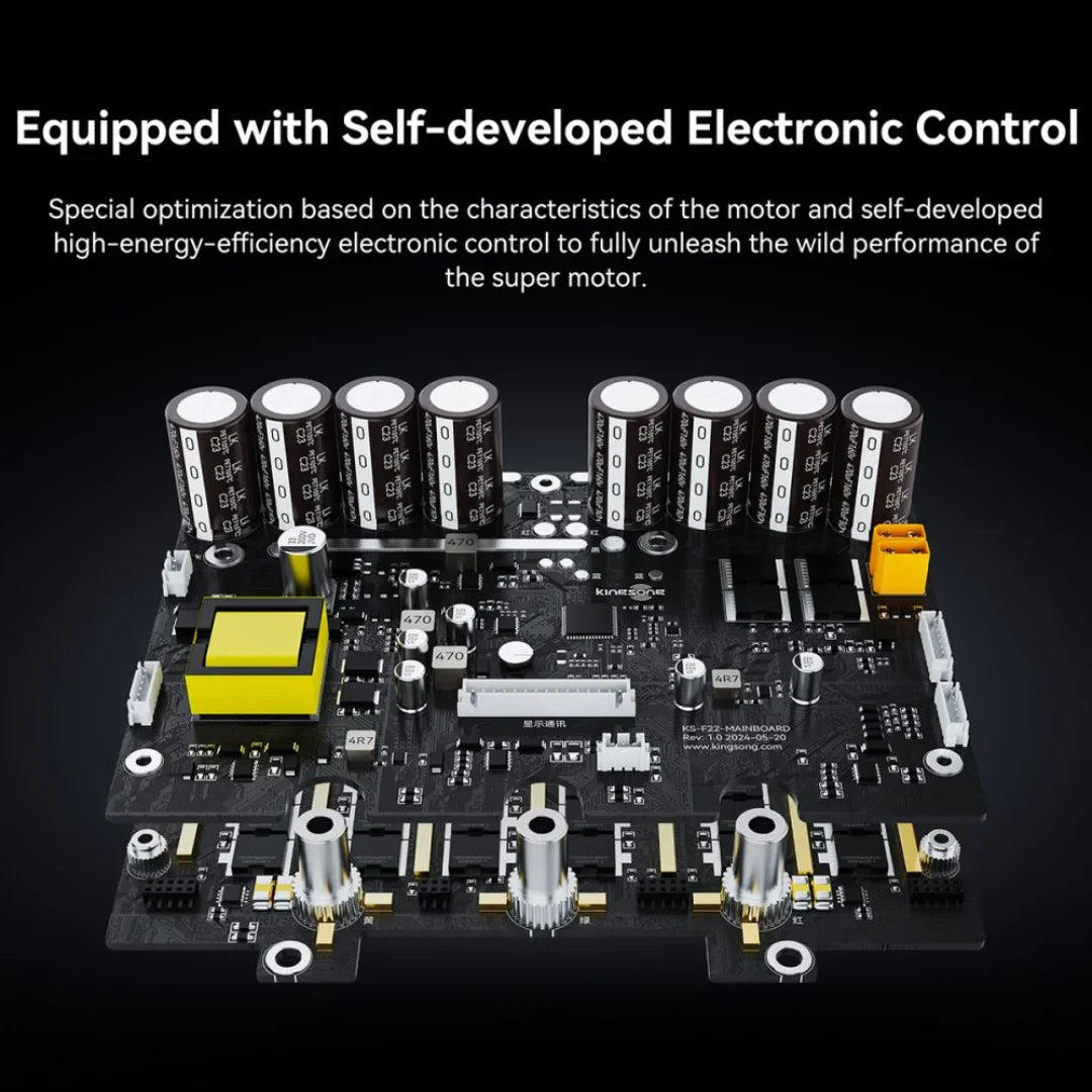 The product is an Electric unicycle (EUC), model Kingsong F22 Pro. The image displays the electronic circuitry, which includes various components like capacitors and switches, suggesting advanced electronic motor control. This technology optimizes performance and increases motor efficiency.
