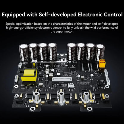 The product is an Electric unicycle (EUC), model Kingsong F22 Pro. The image displays the electronic circuitry, which includes various components like capacitors and switches, suggesting advanced electronic motor control. This technology optimizes performance and increases motor efficiency.