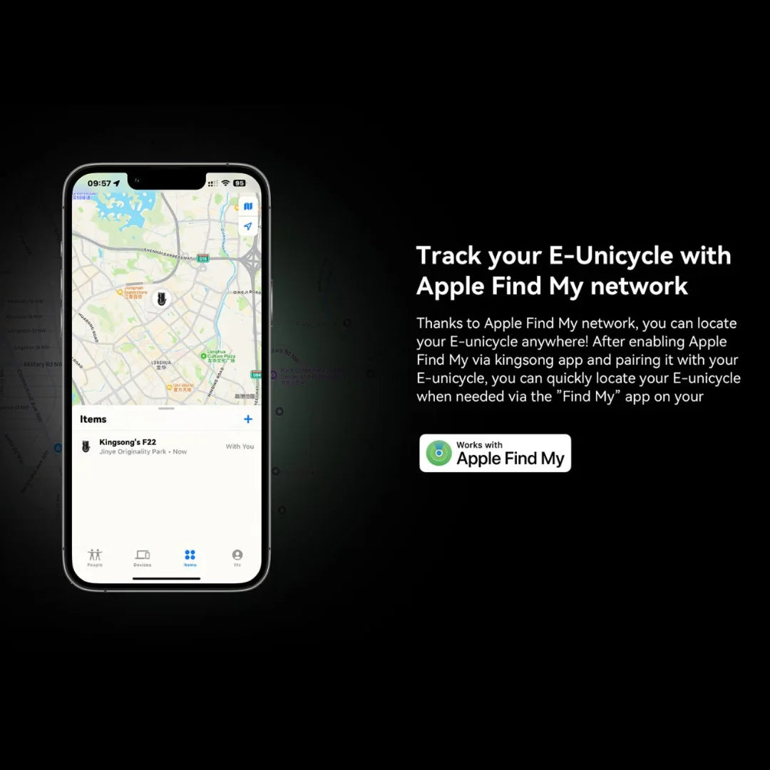 The product pictured is an Electric Unicycle (EUC), model KingSong F22 Pro. The image shows a mobile phone displaying a tracking application, where the location of the unicycle can be seen. The application allows users to quickly find their electric unicycle via the Apple Find My network.