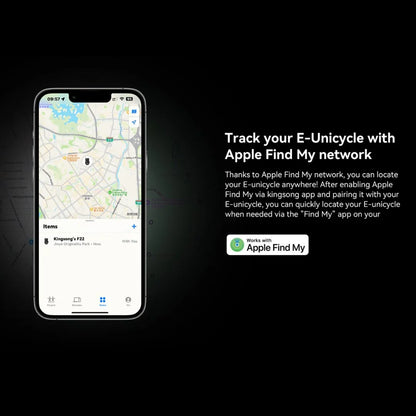 The product pictured is an Electric Unicycle (EUC), model KingSong F22 Pro. The image shows a mobile phone displaying a tracking application, where the location of the unicycle can be seen. The application allows users to quickly find their electric unicycle via the Apple Find My network.