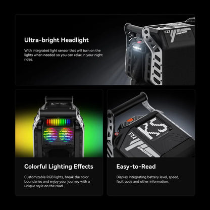 The product is an Electric unicycle, KingSong brand, model F22 Pro. The image displays various functionalities, including an ultra-bright front light, colorful lighting effects, and an easy-to-read display showing battery level, speed, and other information. The unicycle features a modern design and customizable RGB lights, allowing for a unique look while riding.