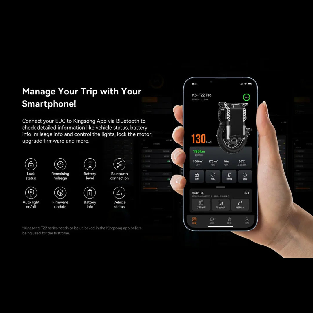 The product shown in the picture is an Electric unicycle, model Kingsong F22 Pro. The image displays a mobile application that allows controlling the unicycle via Bluetooth. The user can monitor the vehicle's status, battery level, distance traveled, and manage various functions such as lights and motor lock.