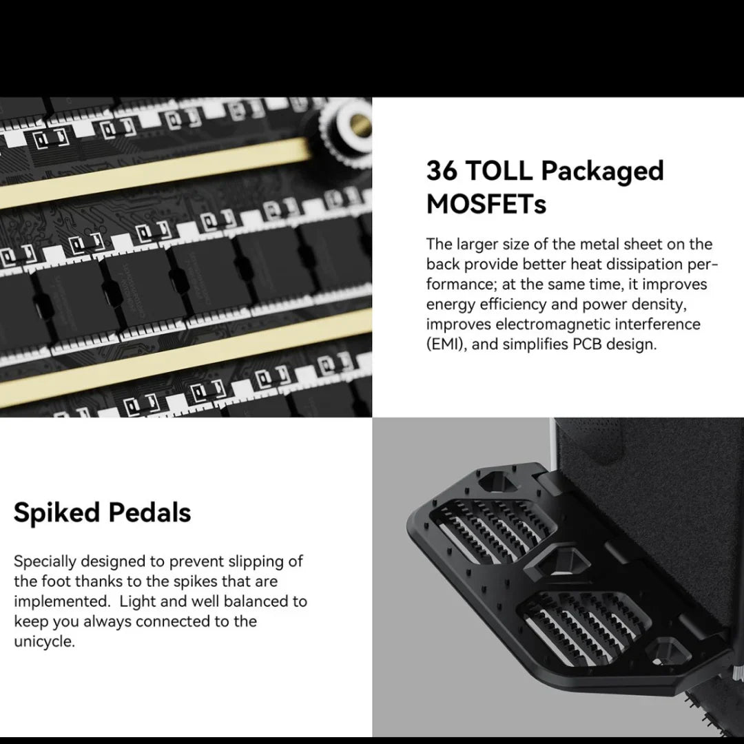 The product is an Electric Unicycle, brand Kingsong, model F22 Pro. The image shows internal details of the device, including MOSFETs that improve heat dissipation and energy efficiency, and pedals with protrusions that prevent feet from slipping and ensure better stability while riding.
