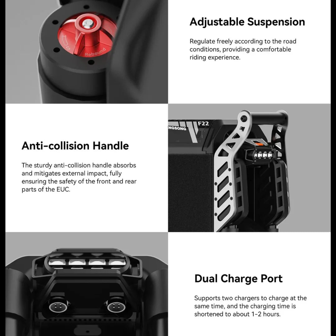 The product is an Electric Unicycle (EUC), brand KingSong, model F22 Pro. The image shows various functionalities, such as adjustable suspension, a robust protective anti-collision handle, and a dual charging port, which enables fast charging with two chargers. These features ensure a comfortable and safe ride.